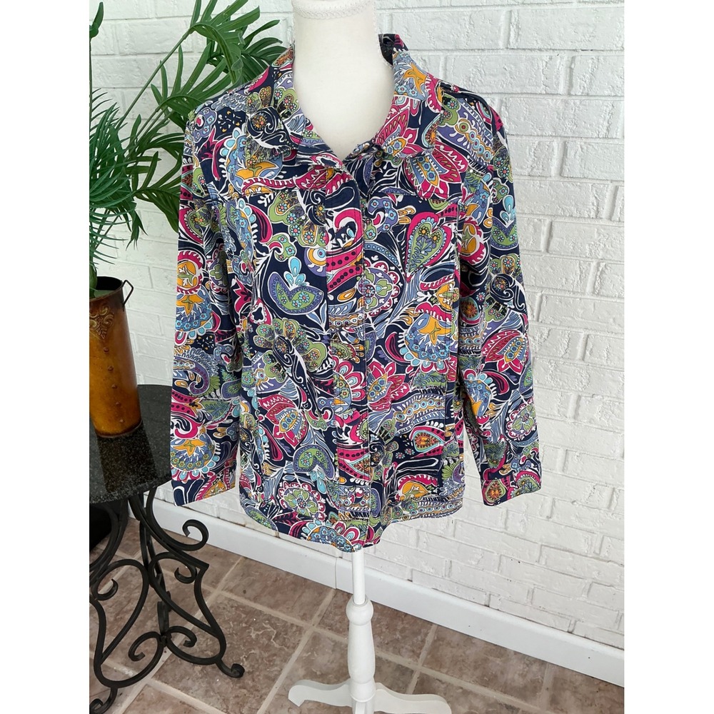 City Blues by Koret Jacket Women Large Blue Paisley Excellent Button Up Cotton